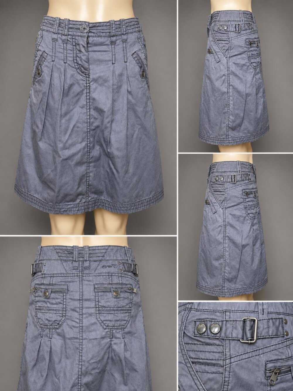 Rare Esprit Germany Gray Canvas Utility Kilt Multiple Pockets Size 2 NWOT